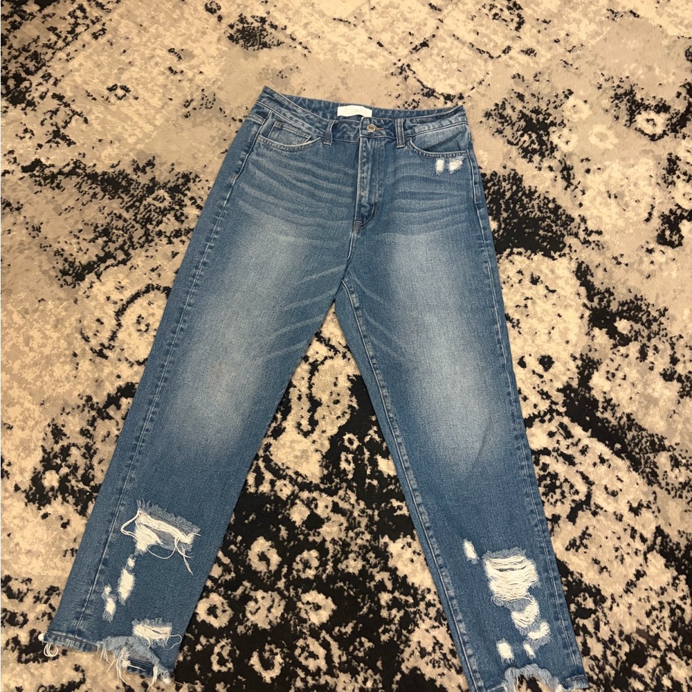 Straight-Leg Distressed Women's Jeans in Medium Blue